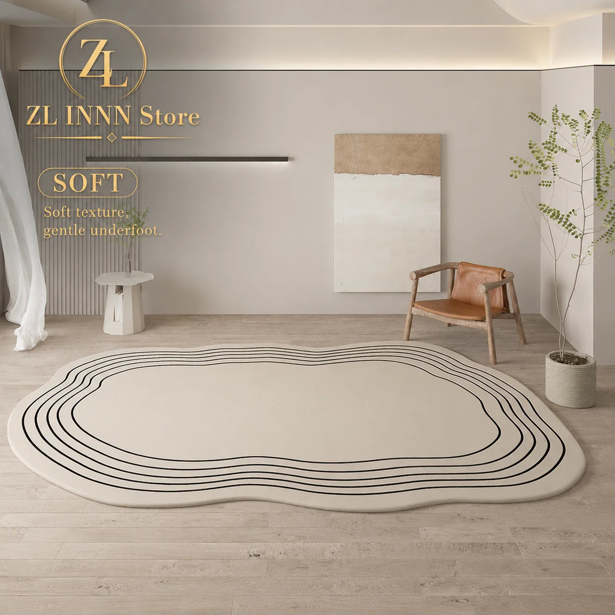 Irregular Cream Oval Area Rug