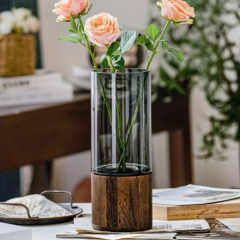 Wooden Base Glass Vase