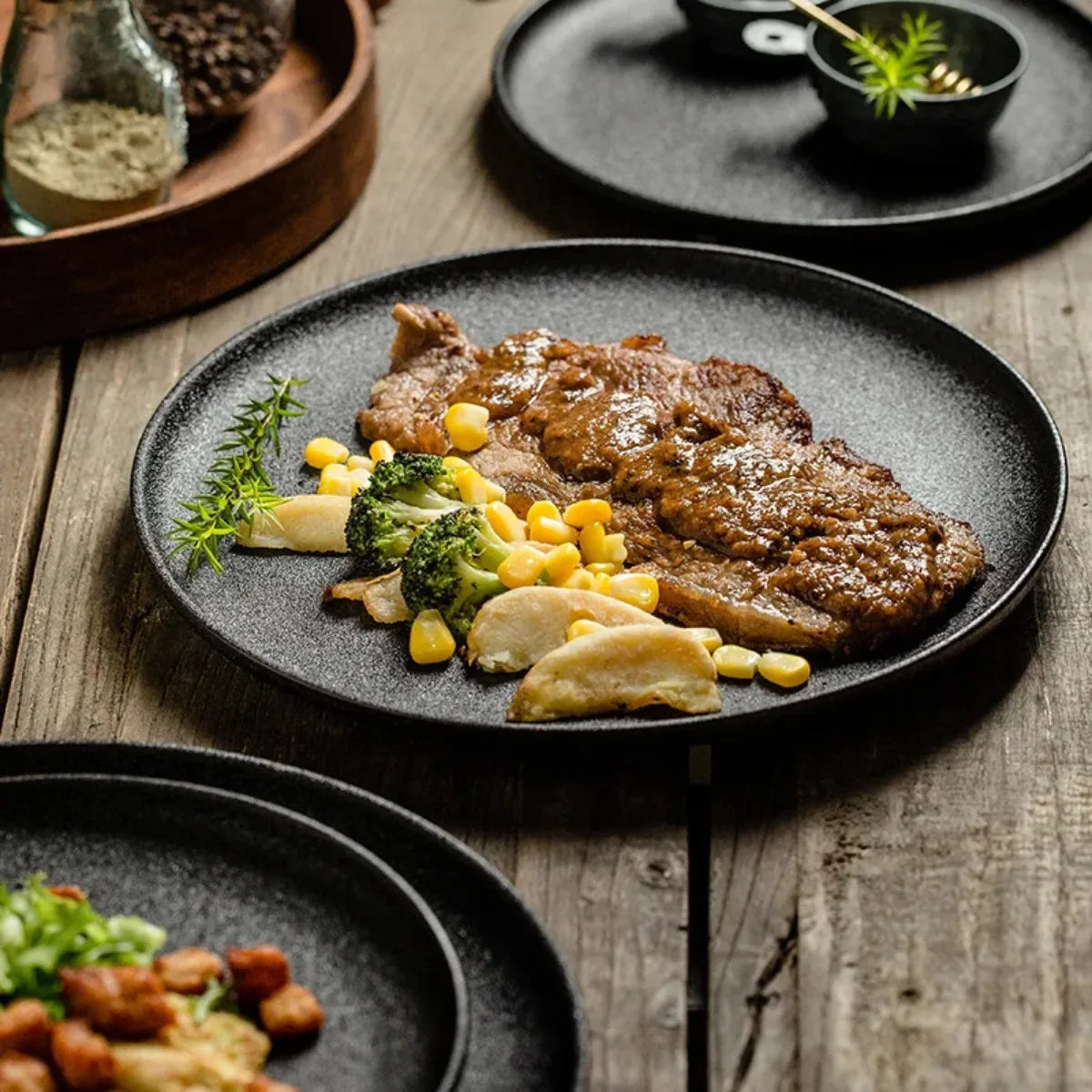Japanese Black Ceramic Plate Set
