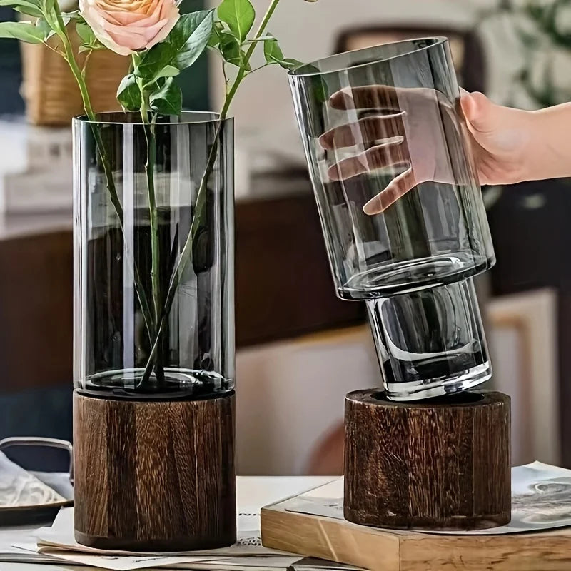 Wooden Base Glass Vase